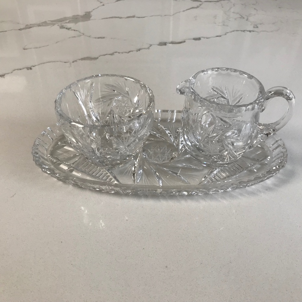 Vintage Pin Wheel Cut Crystal Cream and Sugar on Tray  Set of 3